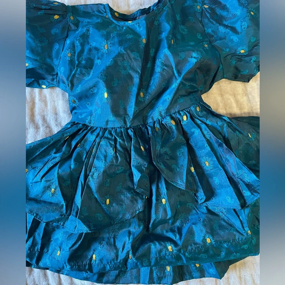Girls Sweet Teal Gold Embroidered Silky Paisley Ruffled Tea Party Dress Frock